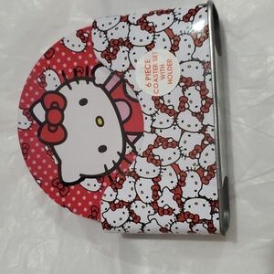 Hello Kitty red white hello kitty monogrammed logo 6pc tin‎ coaster set & holder